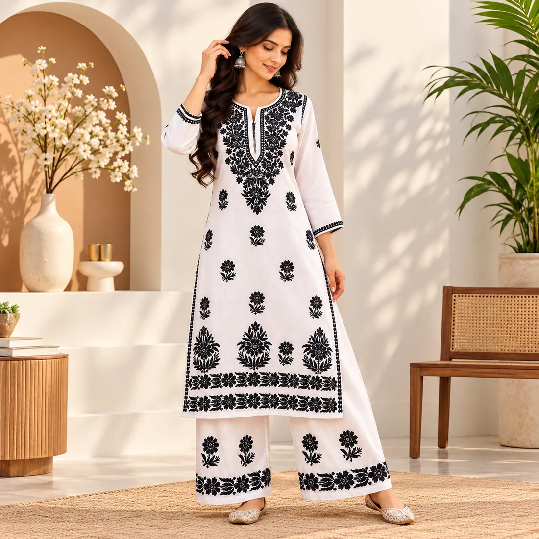 Elegant Black-and-White Embroidered Kurta Set