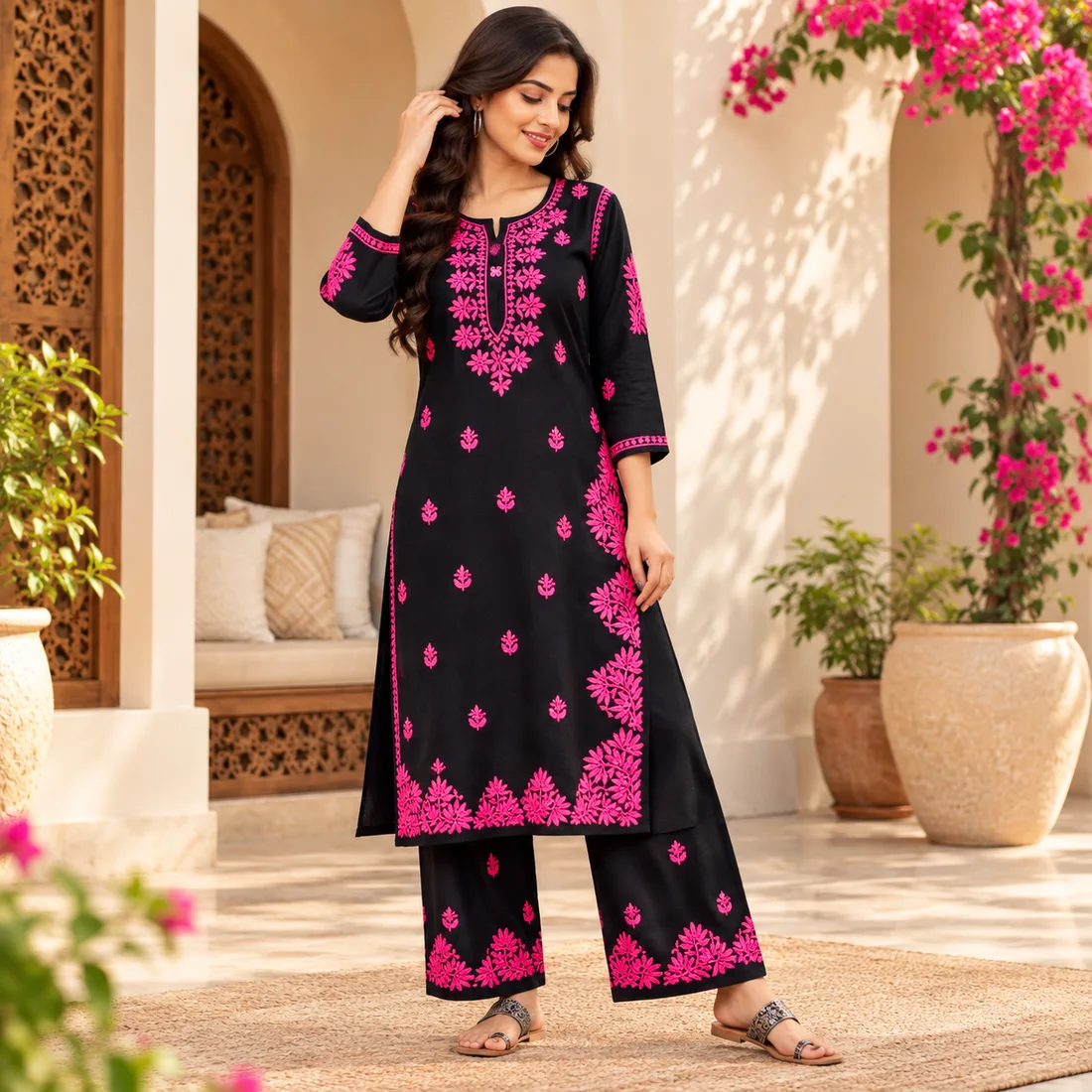 Elegant Black Kurta with Pink Floral Embroidery