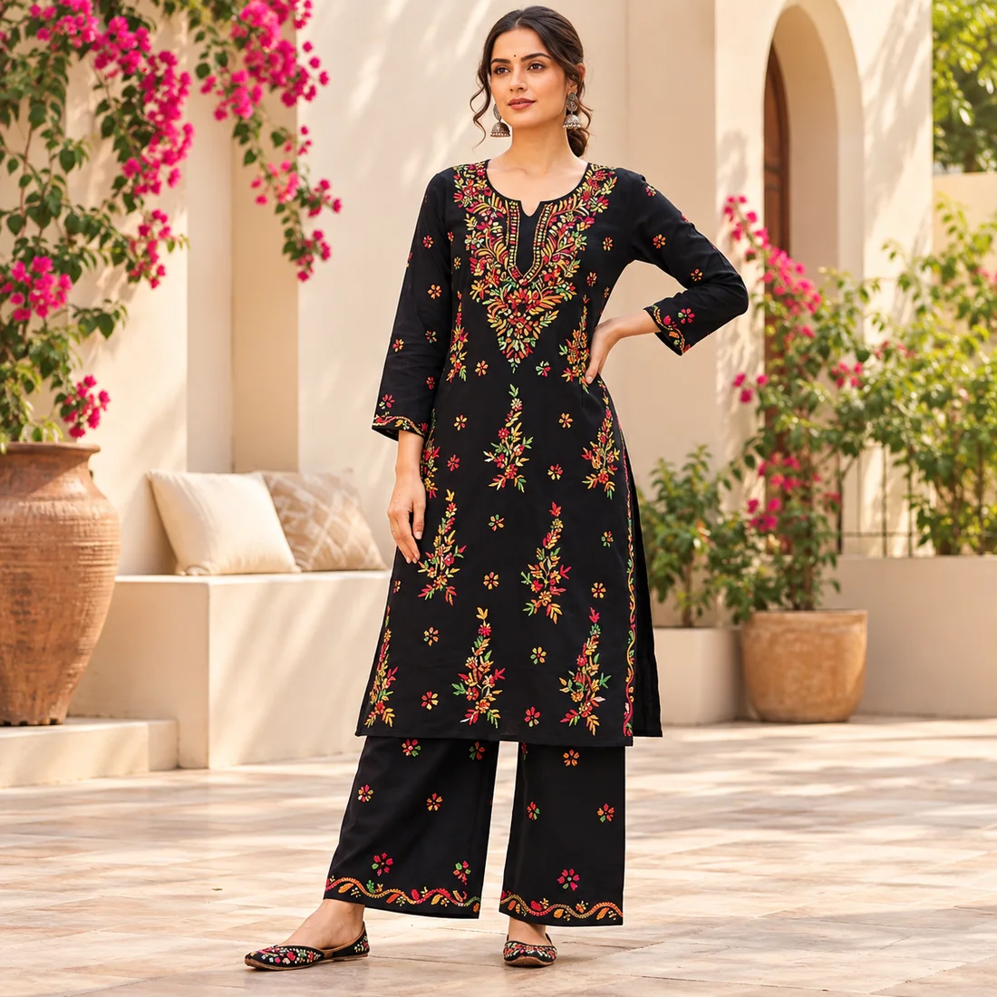 Embroidered Black Kurta in Bloom