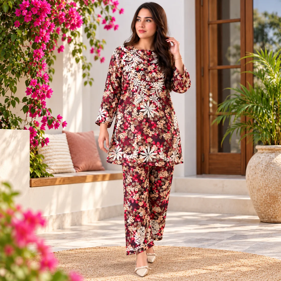 Floral Kurta in a Sunlit Courtyard